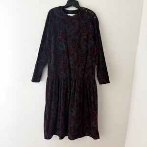 Vintage Dark Floral Corduroy Cottage Core‎ Tea Dress Victorian 12 USA Made Retro
